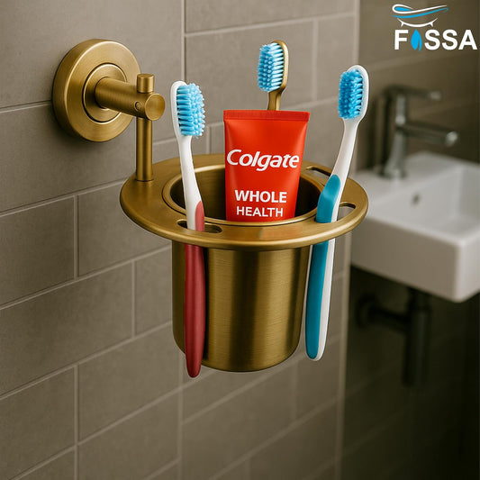 Fossa Brush Holder – Stainless Steel Wall Mounted Tumbler & Toothbrush Holder for Bathroom | Rustproof Organizer & Bathroom Accessories Set | Gold Matte Finish