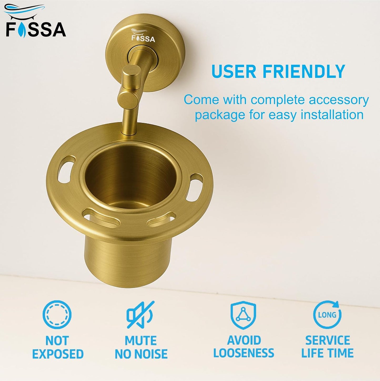 Fossa Brush Holder – Stainless Steel Wall Mounted Tumbler & Toothbrush Holder for Bathroom | Rustproof Organizer & Bathroom Accessories Set | Gold Matte Finish