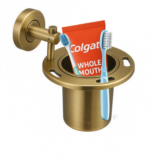 Fossa Brush Holder – Stainless Steel Wall Mounted Tumbler & Toothbrush Holder for Bathroom | Rustproof Organizer & Bathroom Accessories Set | Gold Matte Finish
