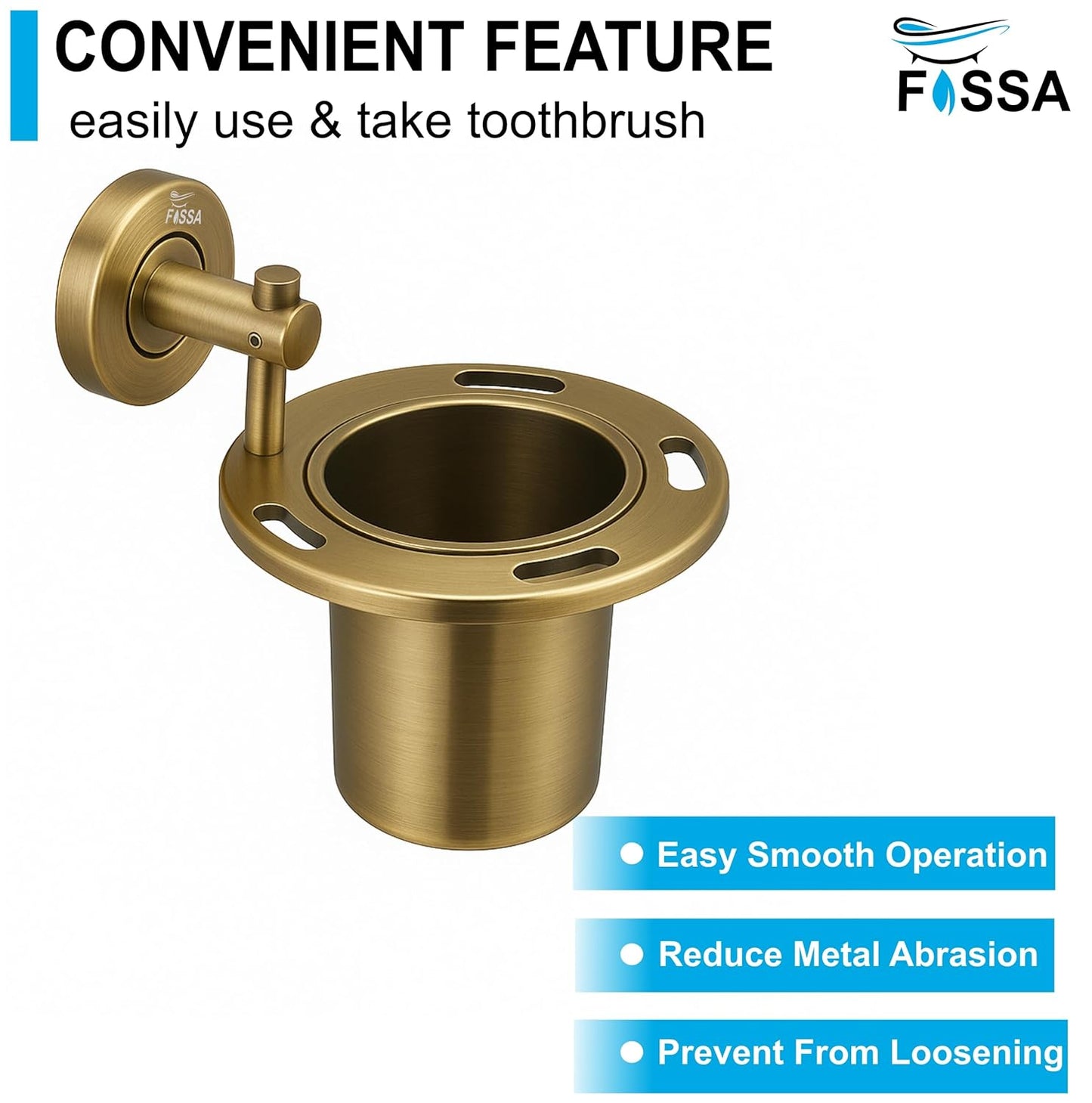 Fossa Brush Holder – Stainless Steel Wall Mounted Tumbler & Toothbrush Holder for Bathroom | Rustproof Organizer & Bathroom Accessories Set | Gold Matte Finish