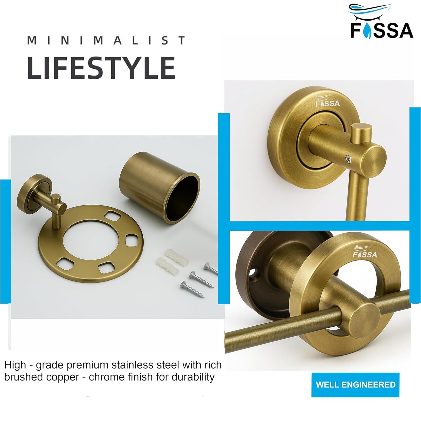 Fossa Brush Holder – Stainless Steel Wall Mounted Tumbler & Toothbrush Holder for Bathroom | Rustproof Organizer & Bathroom Accessories Set | Gold Matte Finish